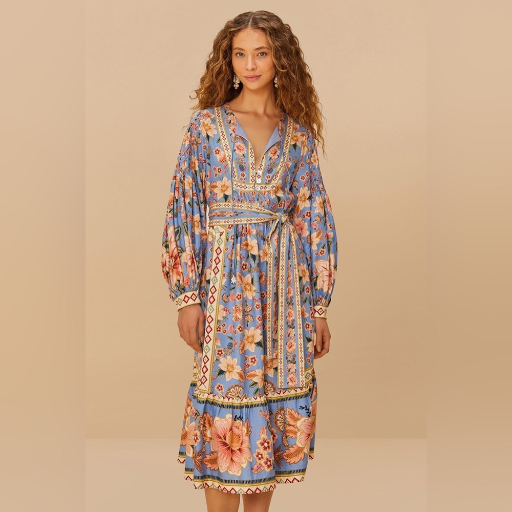 BNWT Farm Rio Blue Superbloom Tapestry Lenzing™ Ecovero™ Euroflax™Midi Dress